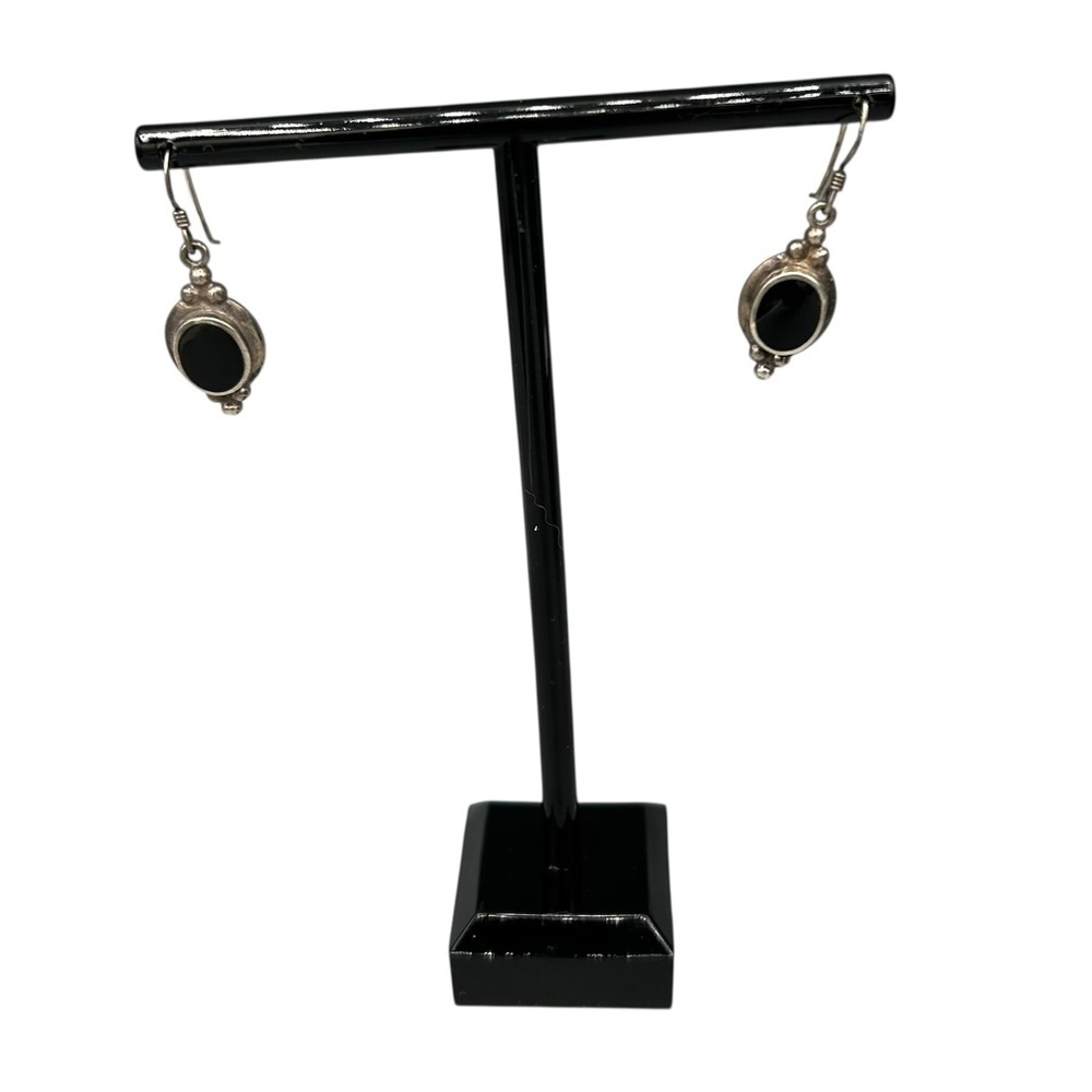 Vintage Sterling Silver Black Onyx Drop Earrings 925 Artisan Boho